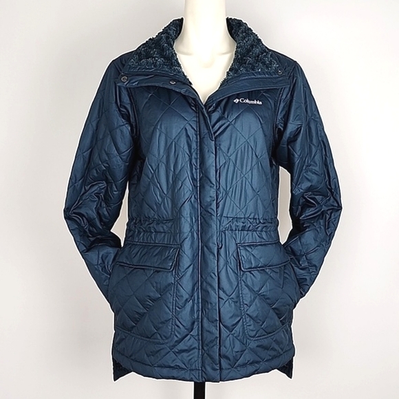 Columbia Women's Quilted Water Resistant Teal Emerald Green Jacket Faux Fur Sz M - Picture 8 of 16